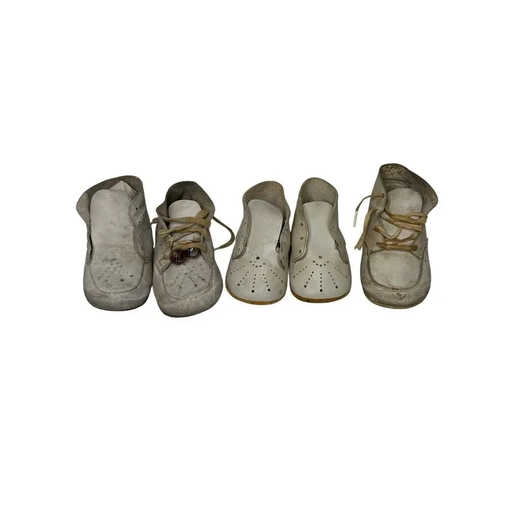 Vintage White Leather Baby Shoes Lot 1940s–1960s Keepsake Lace Up Doll Shoes